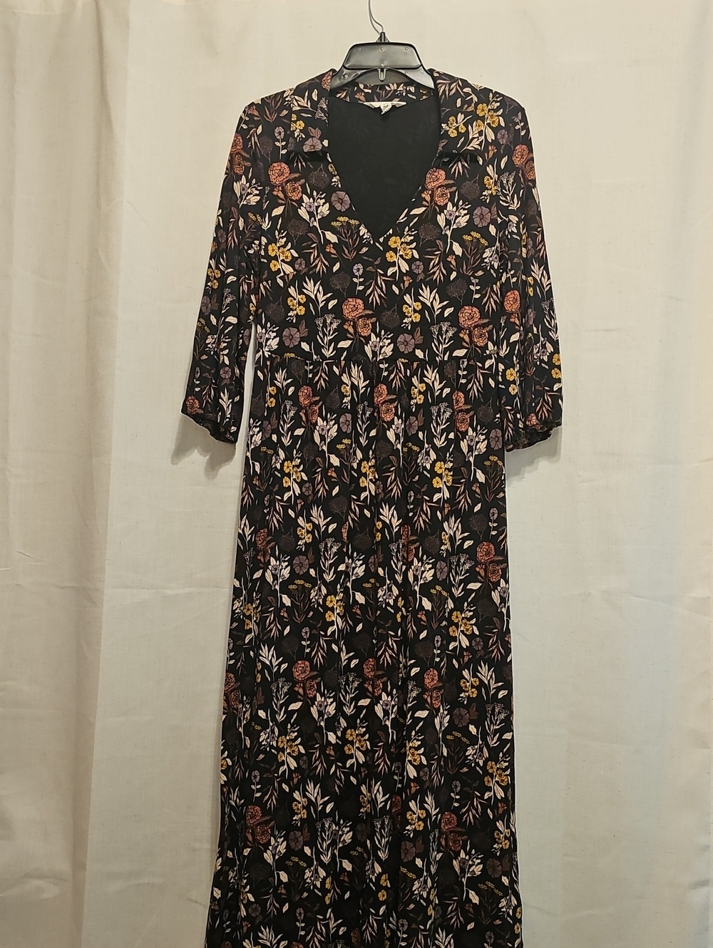 Black Floral V-Neck Maxi Dress with Rust and Mustard Blooms
